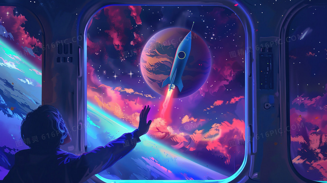 彩色卫星火箭发射场景插画