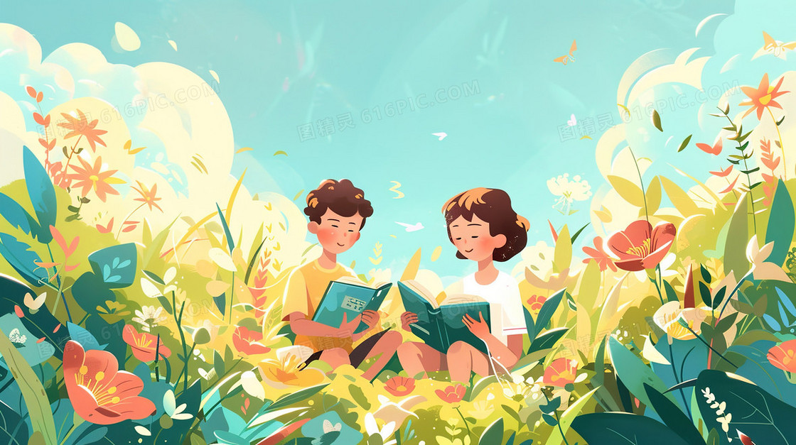 坐在草地上看书的儿童插画