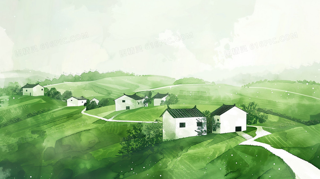 绿色乡村农村田野风景插画