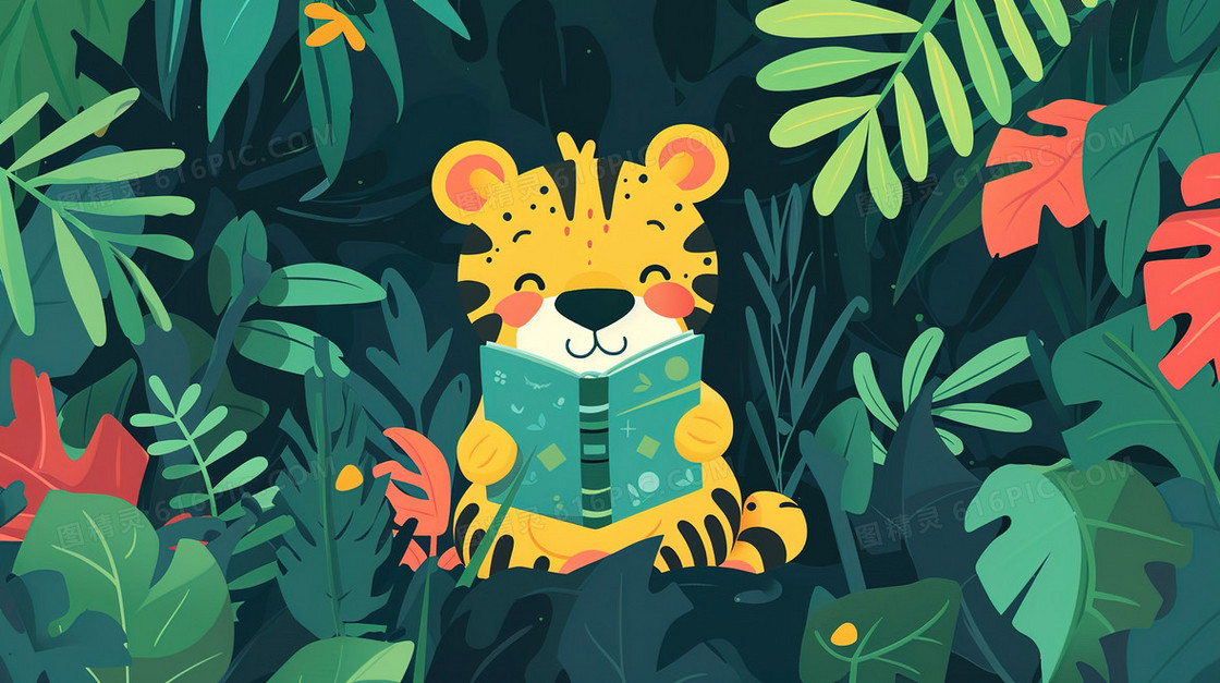 卡通坐着认真看书的小动物插画