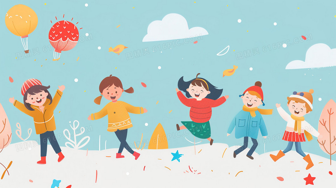 彩色卡通草地上玩耍的小孩子插画