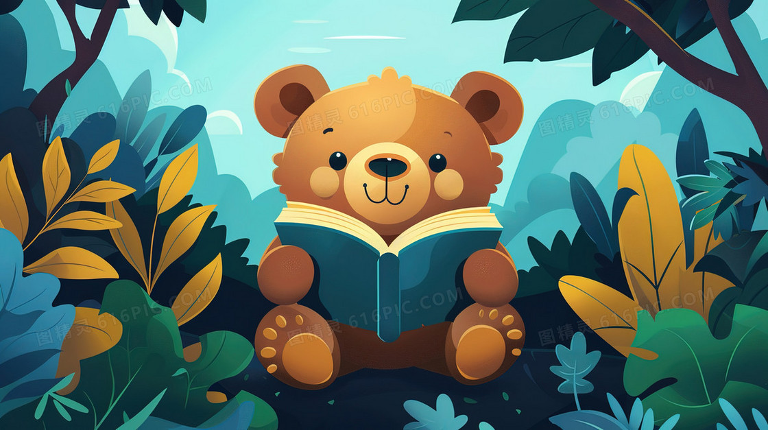 卡通坐着认真看书的小动物插画