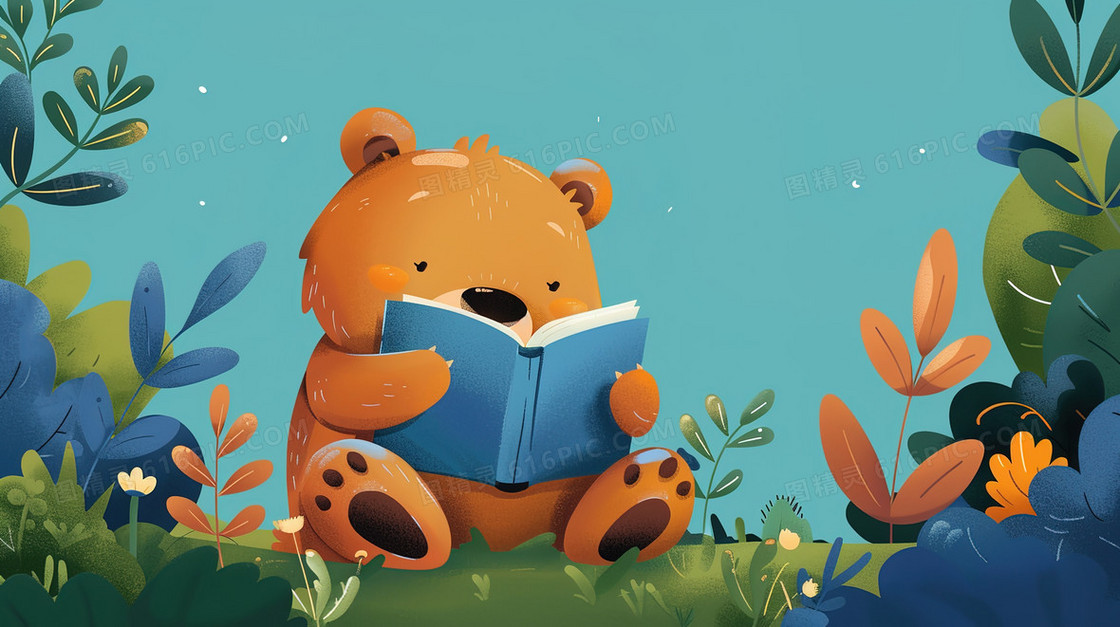 卡通坐着认真看书的小动物插画