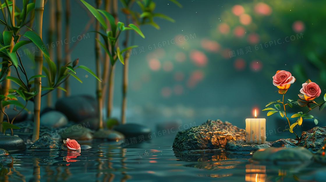 绿色河边祈福蜡烛烛光插画
