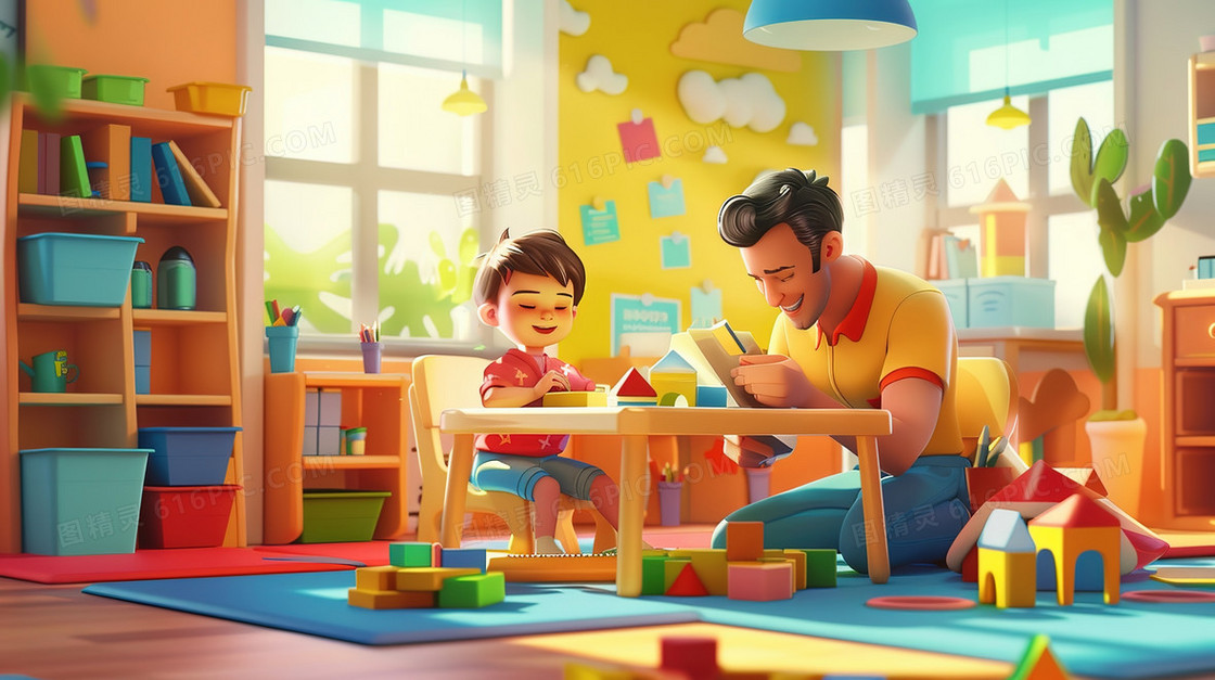 彩色卡通家长陪伴孩子插画