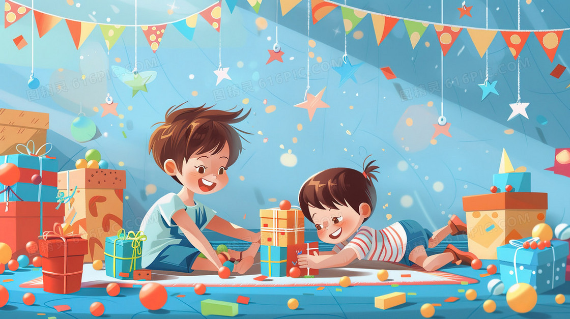 彩色卡通儿童节玩耍的小孩子插画