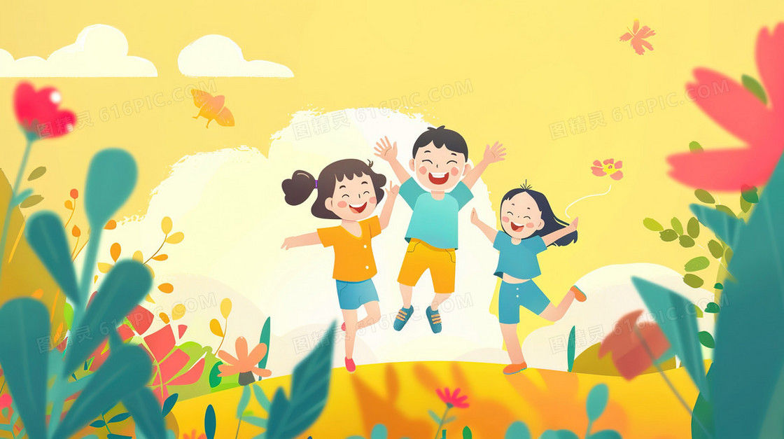 彩色卡通草地上玩耍的小孩子插画