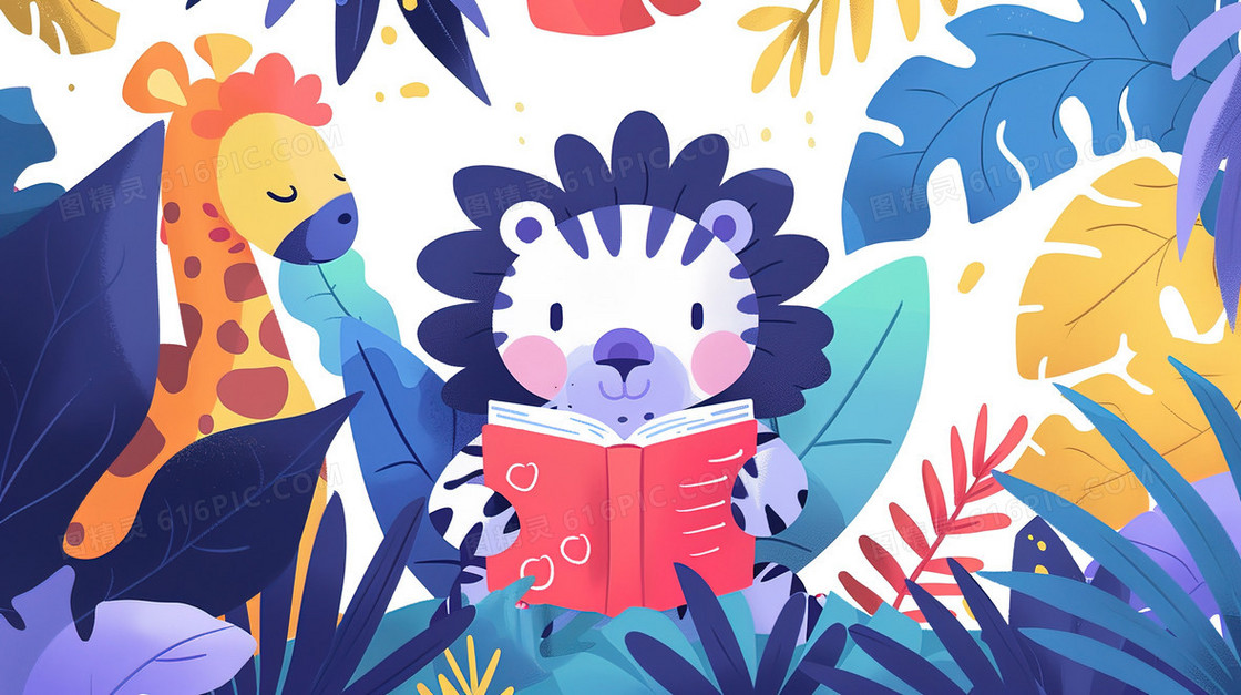 卡通坐着认真看书的小动物插画