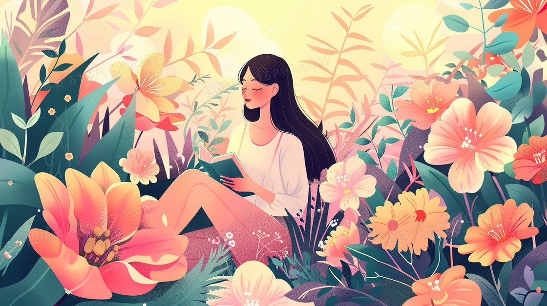 彩色卡通坐着看书的女孩插画