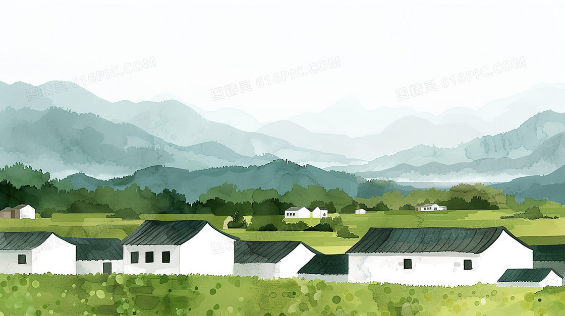 绿色乡村农村田野风景插画