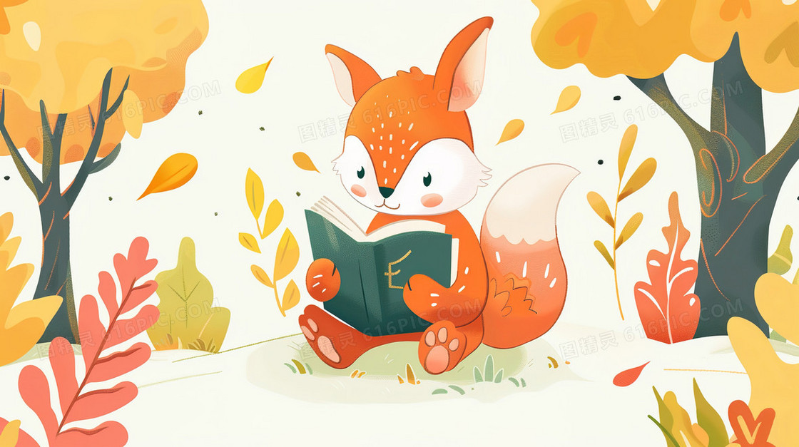卡通坐着认真看书的小动物插画