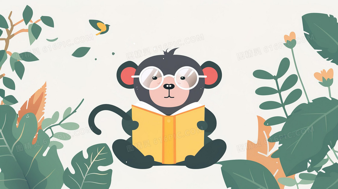 卡通坐着认真看书的小动物插画
