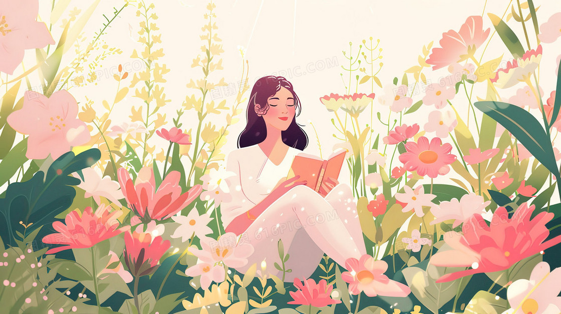 彩色卡通坐着看书的女孩插画