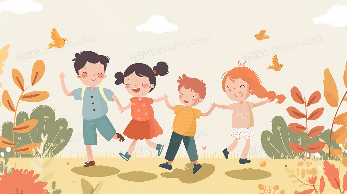 彩色卡通草地上玩耍的小孩子插画