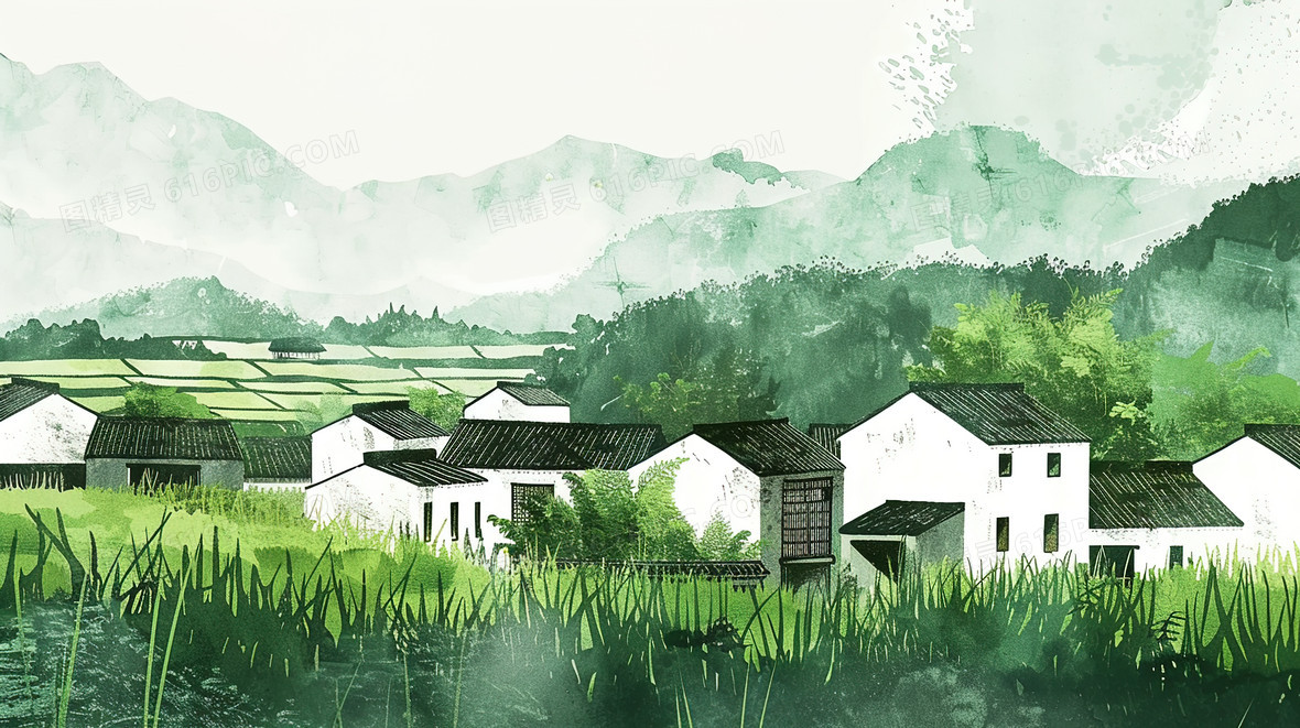 绿色乡村农村田野风景插画背景图片下载_2912x1632像素JPG格式_编号vdjfmrk7m_图精灵
