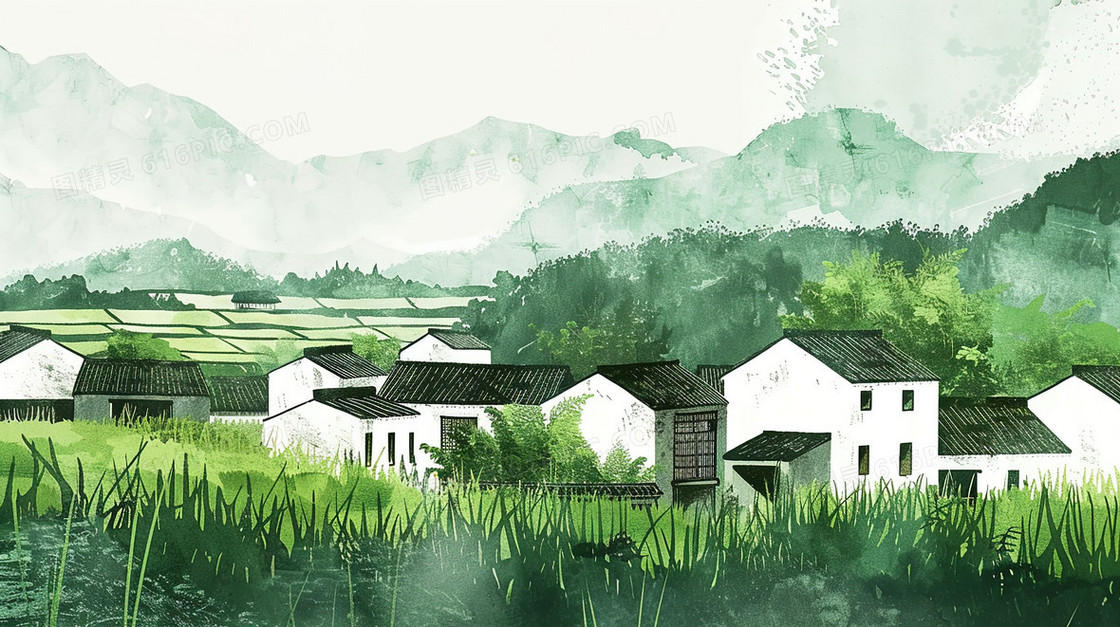 绿色乡村农村田野风景插画