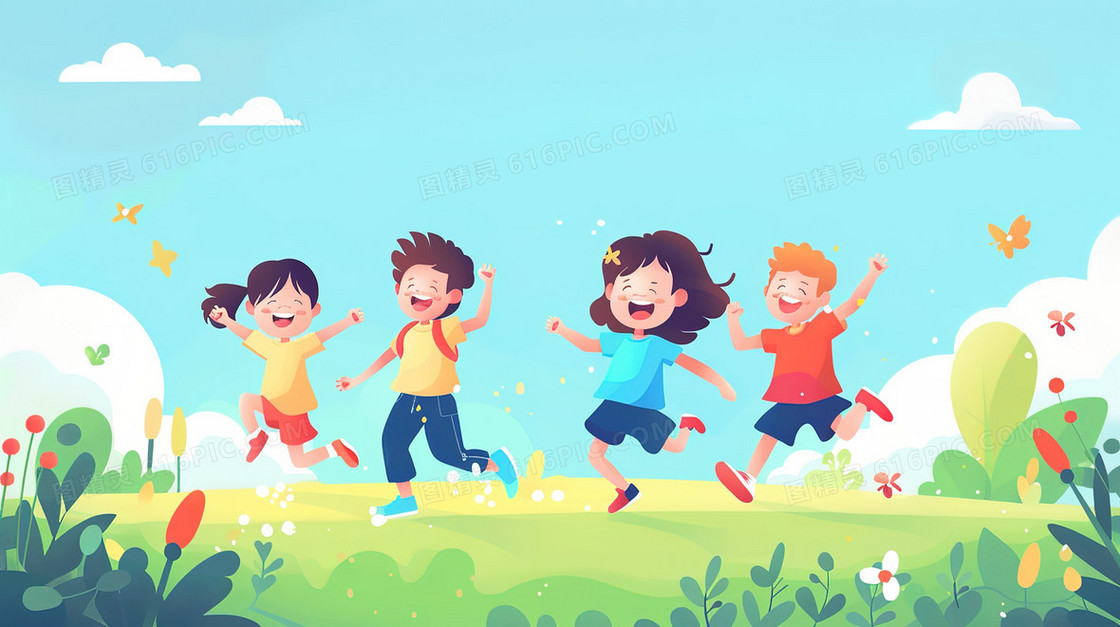 彩色卡通草地上玩耍的小孩子插画