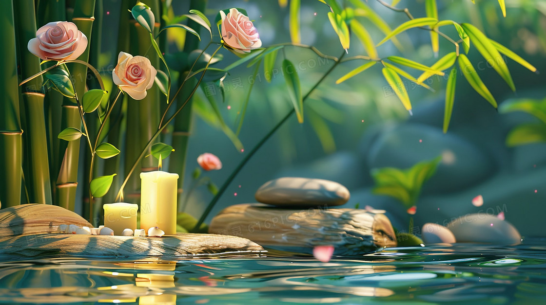 绿色河边祈福蜡烛烛光插画