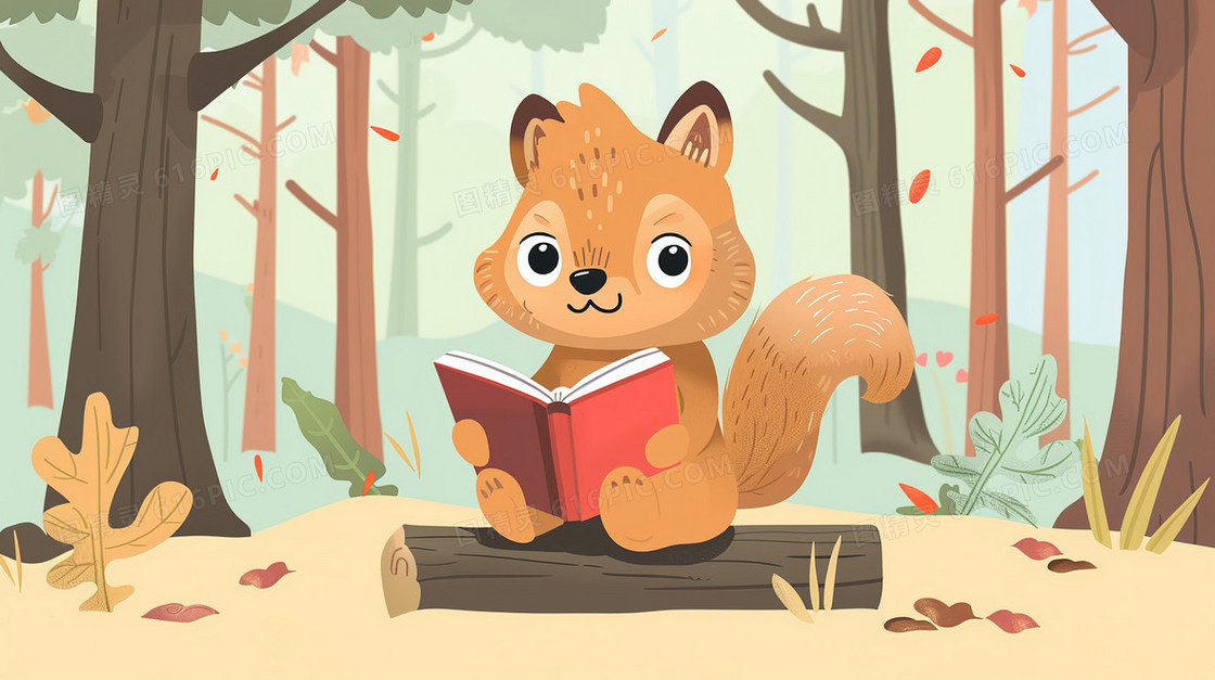 卡通坐着认真看书的小动物插画