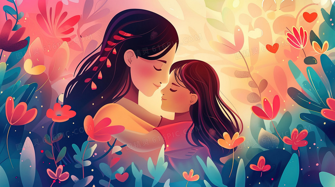 卡通母亲节母爱插画