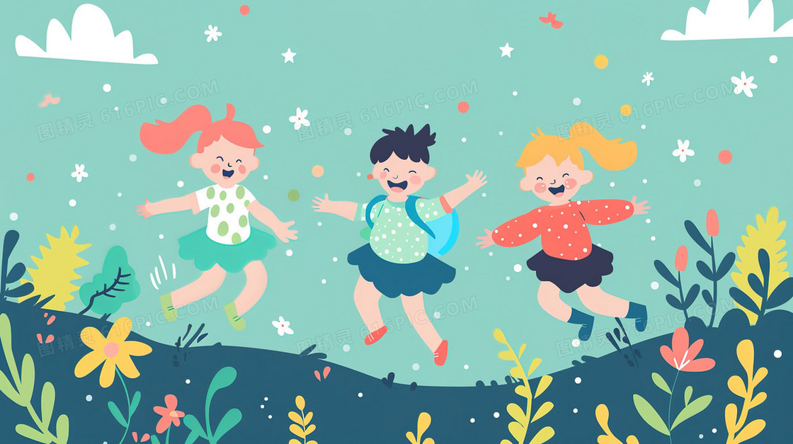 彩色卡通草地上玩耍的小孩子插画