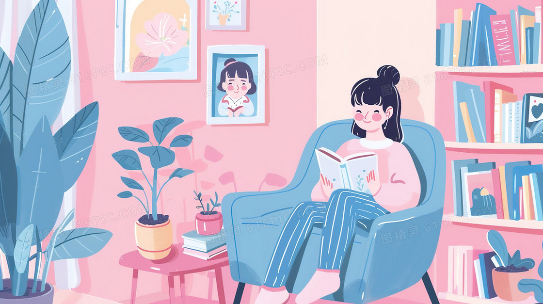 彩色卡通坐着看书的女孩插画