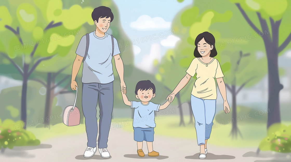 彩色卡通父母陪伴孩子出游插画