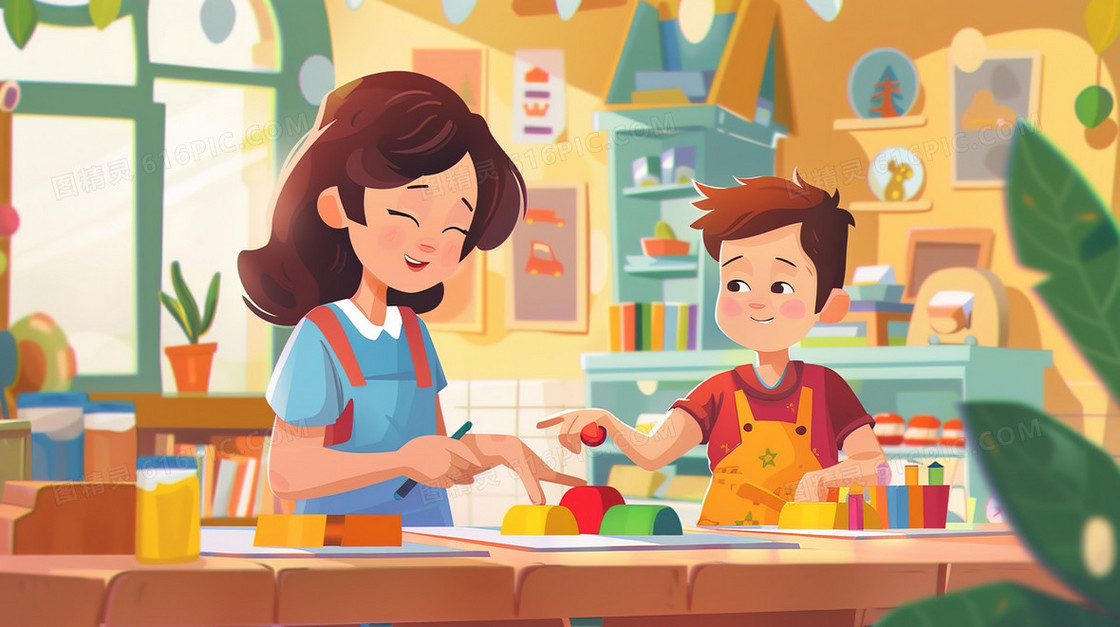 彩色卡通家长陪伴孩子插画