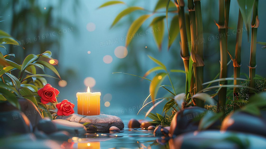 绿色河边祈福蜡烛烛光插画