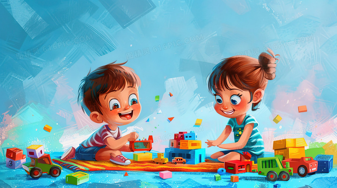 彩色卡通儿童节玩耍的小孩子插画