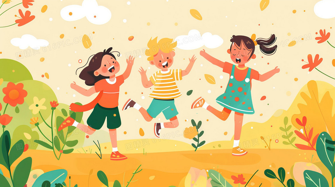 彩色卡通草地上玩耍的小孩子插画
