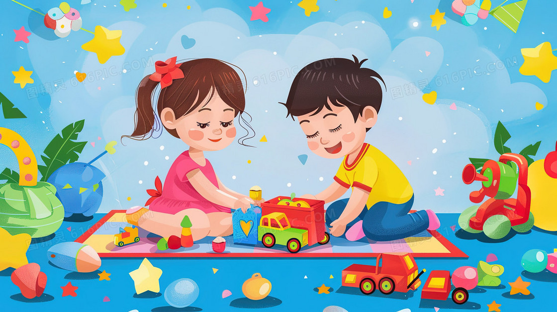 彩色卡通儿童节玩耍的小孩子插画