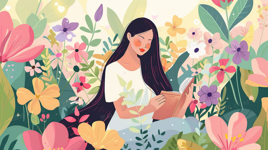 彩色卡通坐着看书的女孩插画