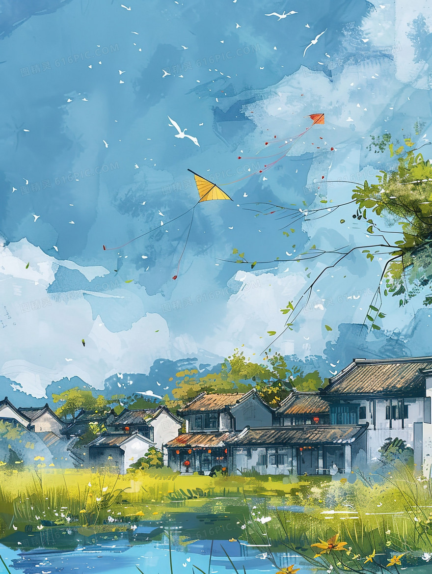 手绘春季放风筝田野风景插画