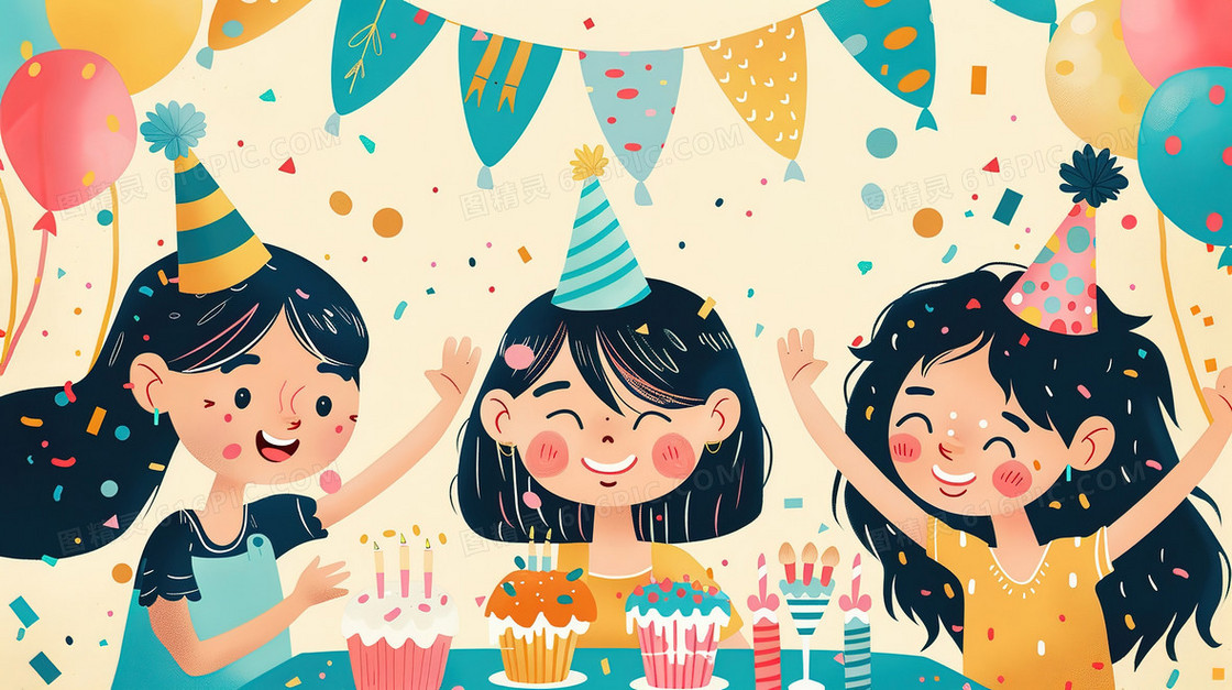 手绘卡通儿童节生日派对插画