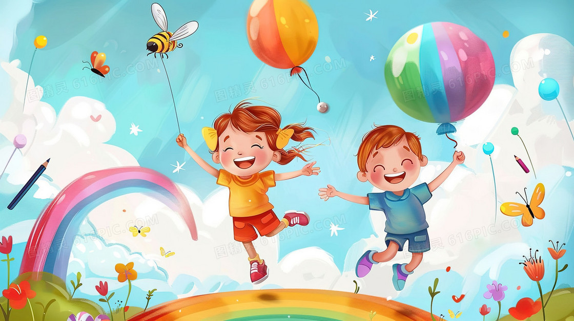 手绘卡通儿童节彩虹孩子插画