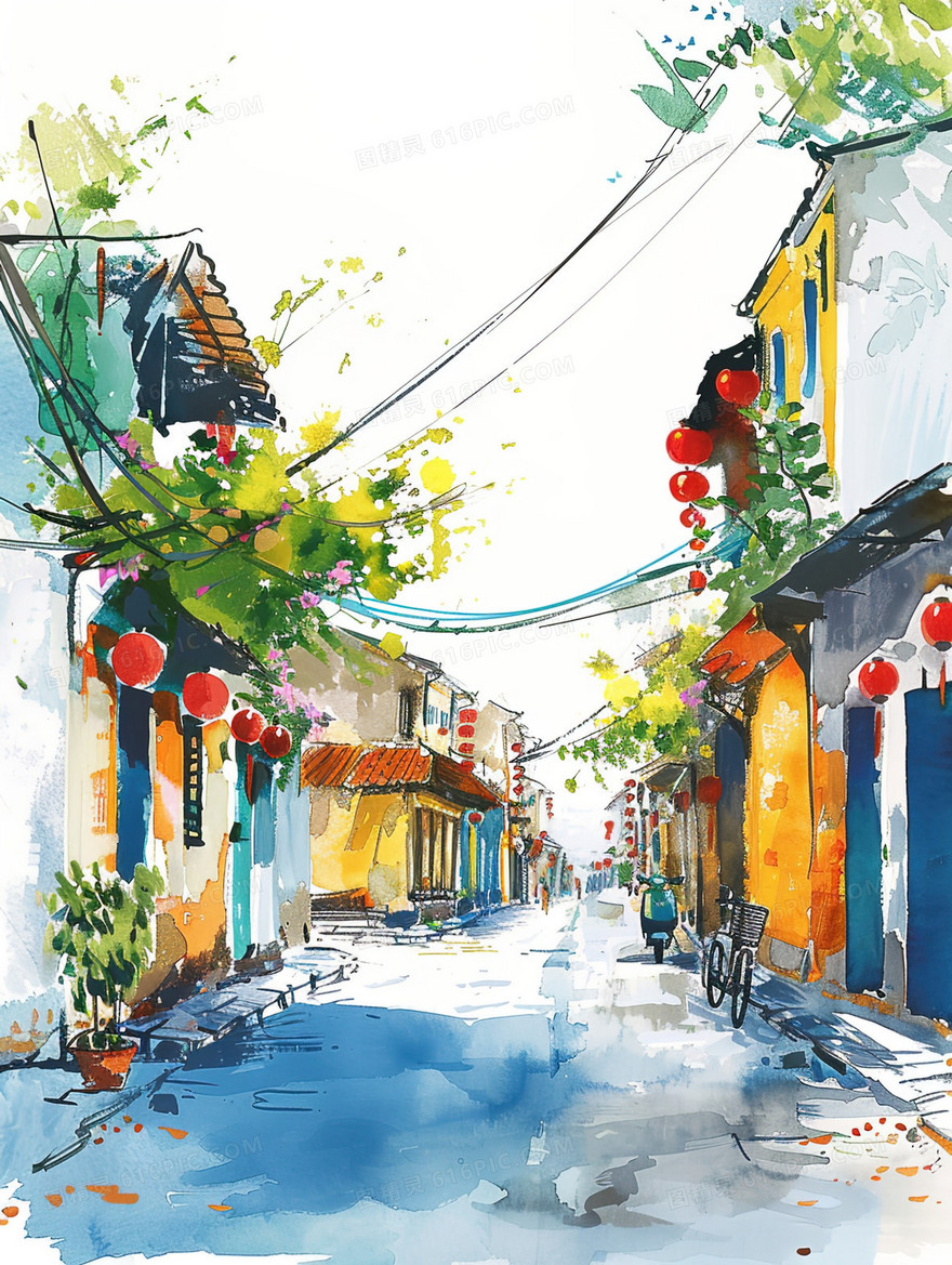 彩色手绘街道风景插画