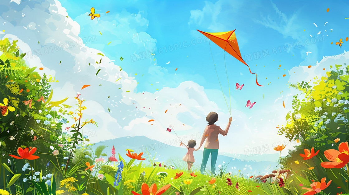 春季母亲带孩子放风筝插画