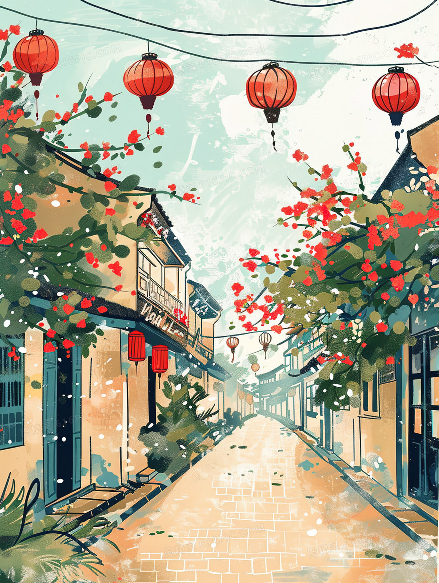 彩色手绘街道风景插画