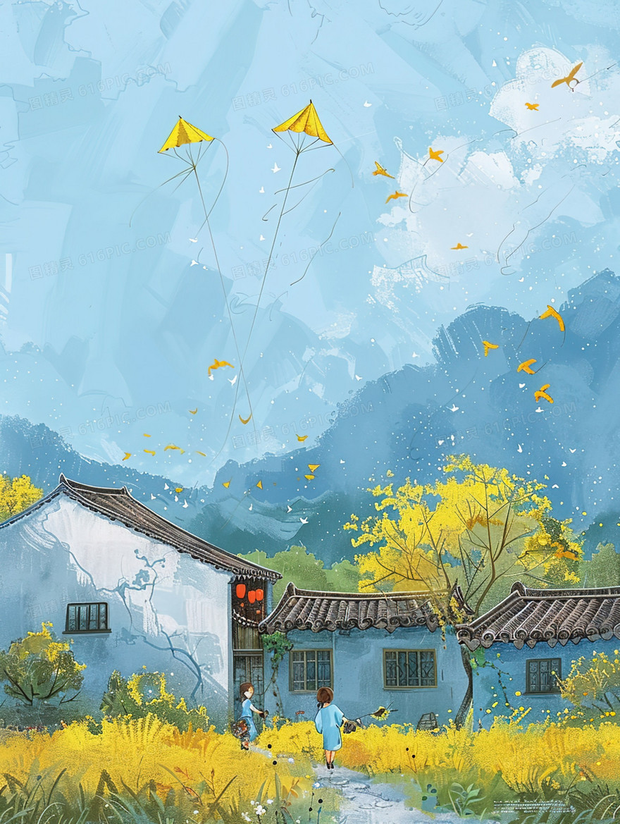 手绘春季放风筝田野风景插画