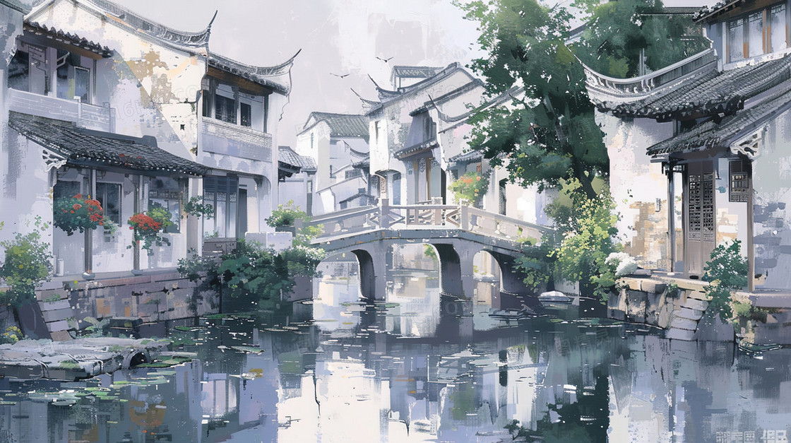 彩色手绘街道风景插画