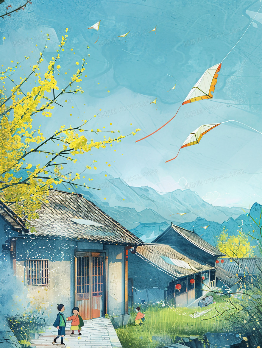 手绘春季放风筝田野风景插画