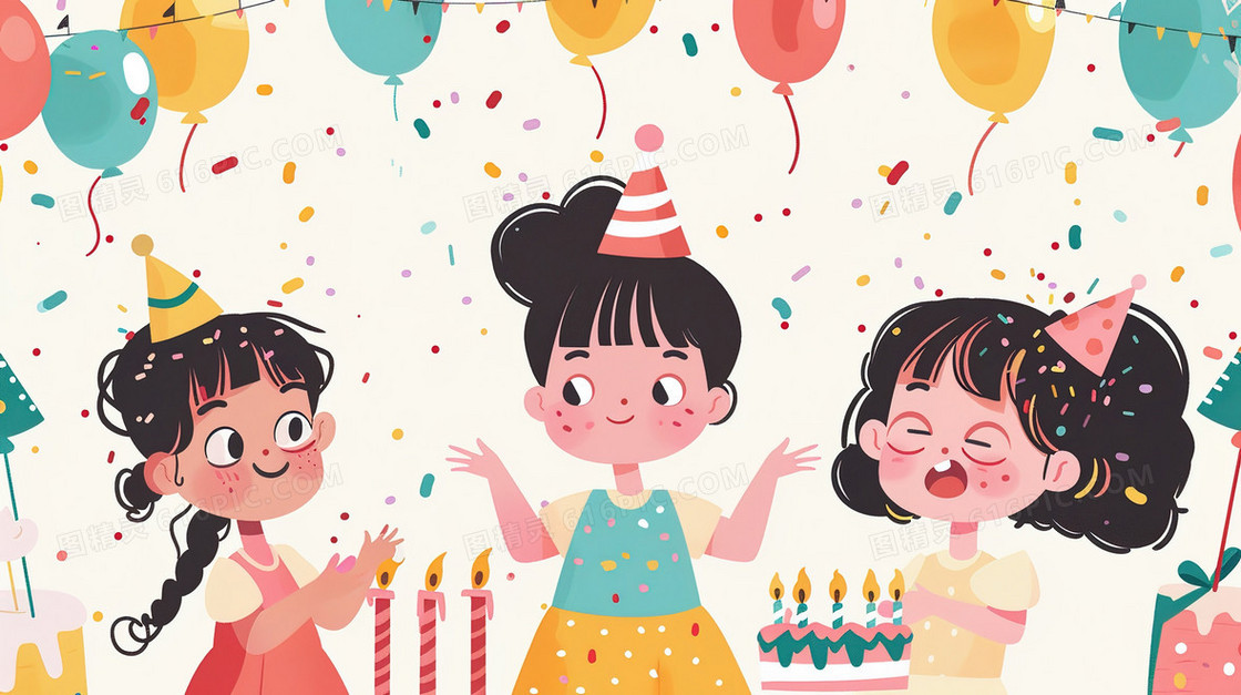 手绘卡通儿童节生日派对插画