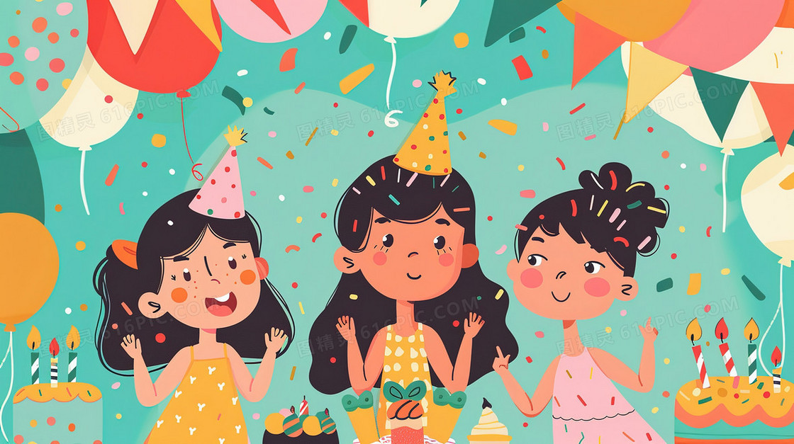 手绘卡通儿童节生日派对插画