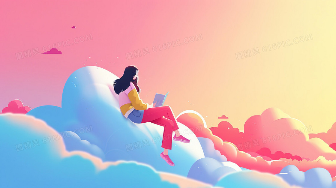 彩色卡通坐着看书的女孩插画
