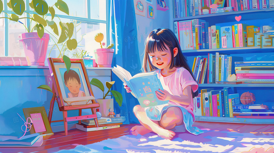 彩色卡通坐着看书的女孩插画