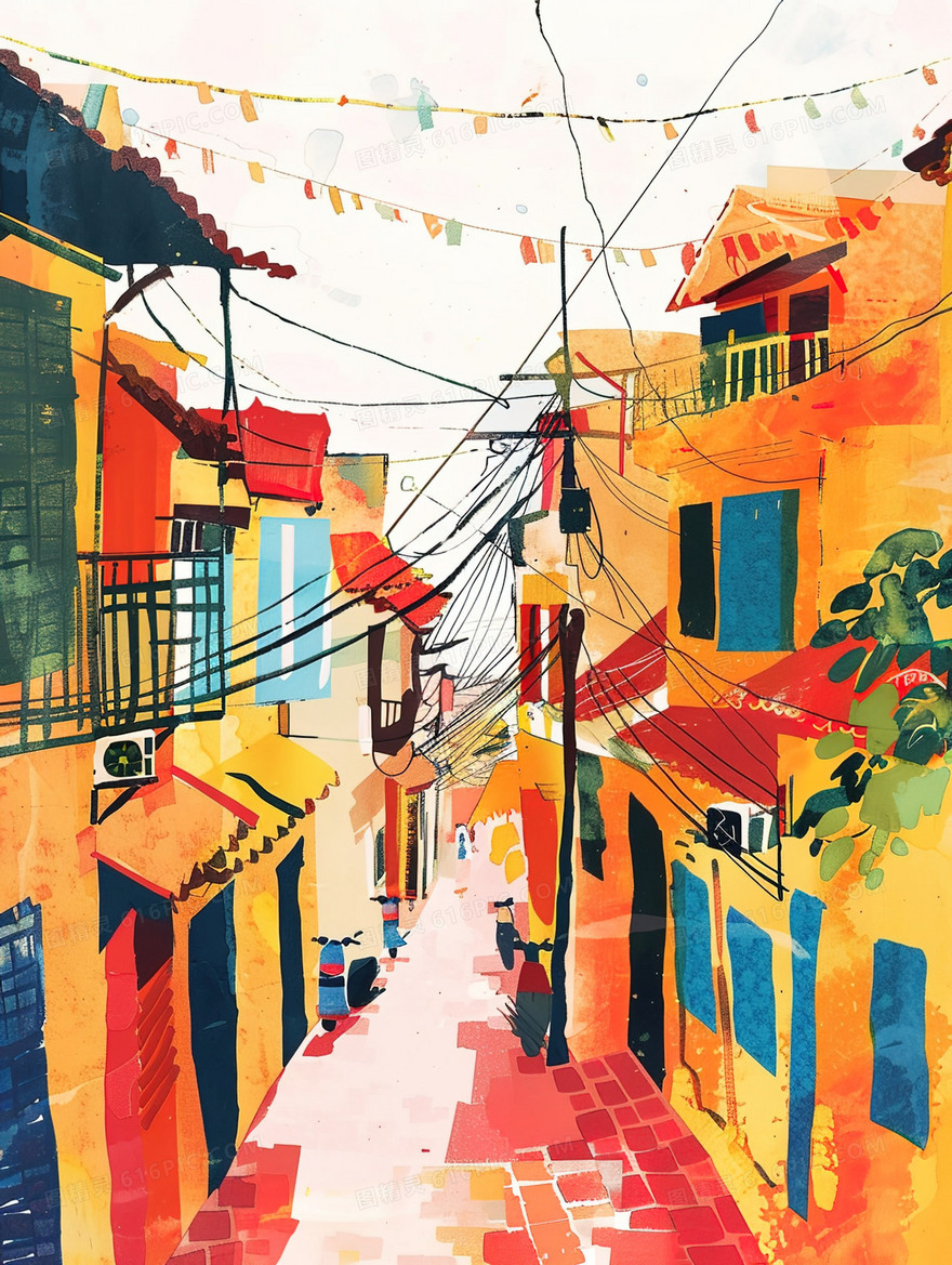 彩色手绘街道风景插画