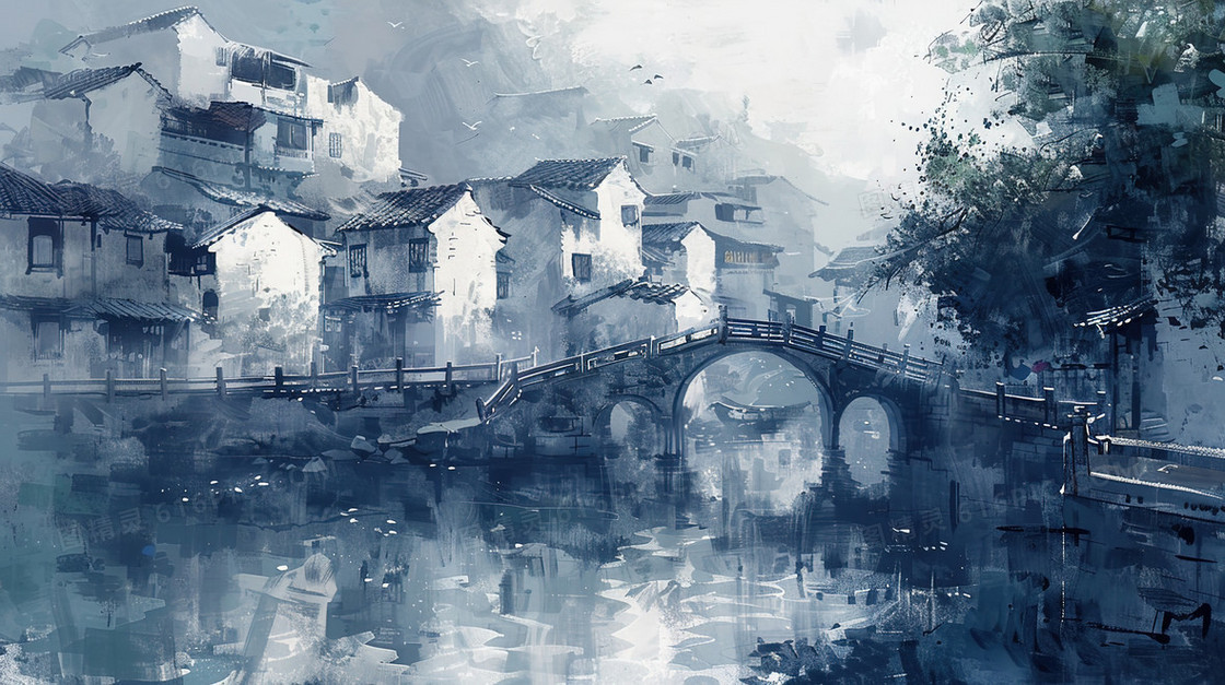 彩色手绘街道风景插画