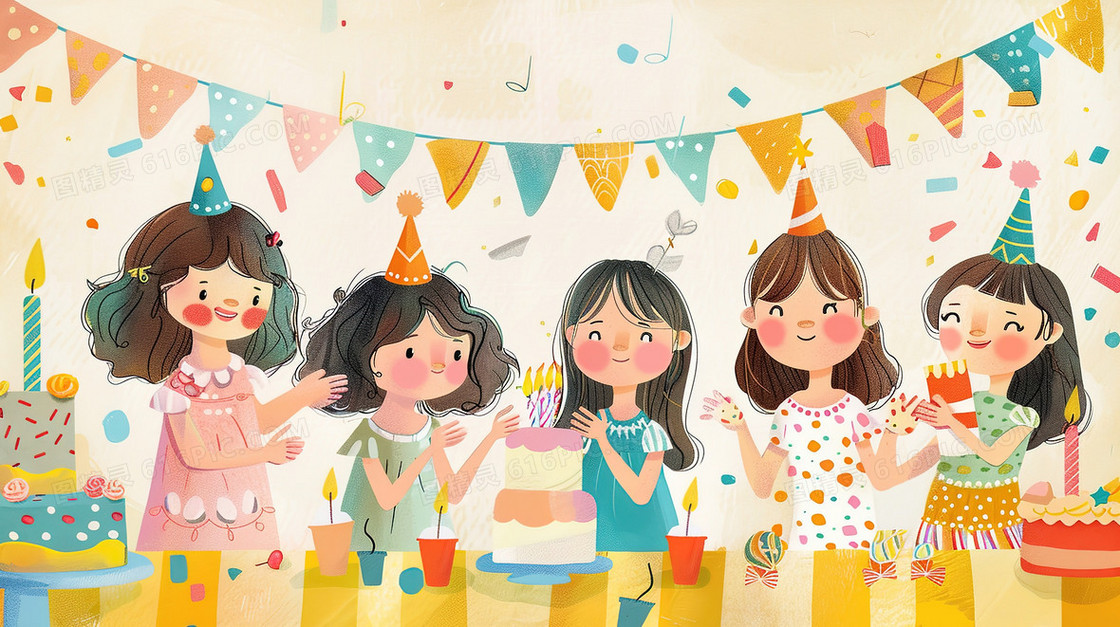 手绘卡通儿童节生日派对插画