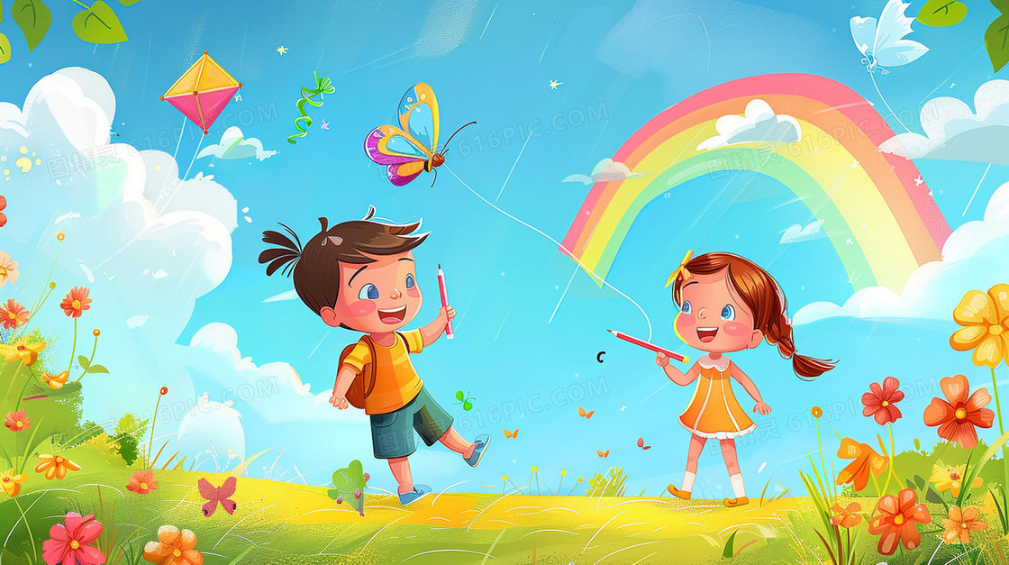 手绘卡通儿童节彩虹孩子插画